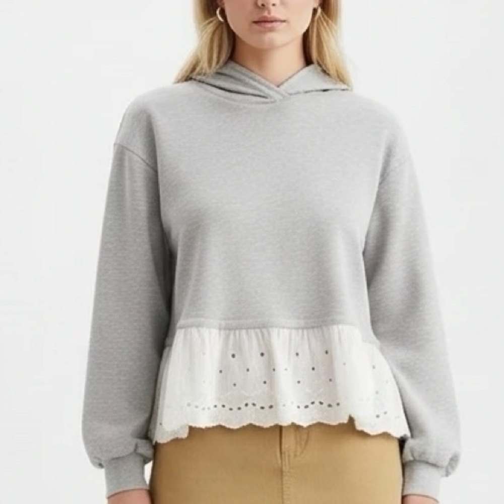 Anthropologie Maeve Grey Hoodie with Layered Eyelet Lace Hem